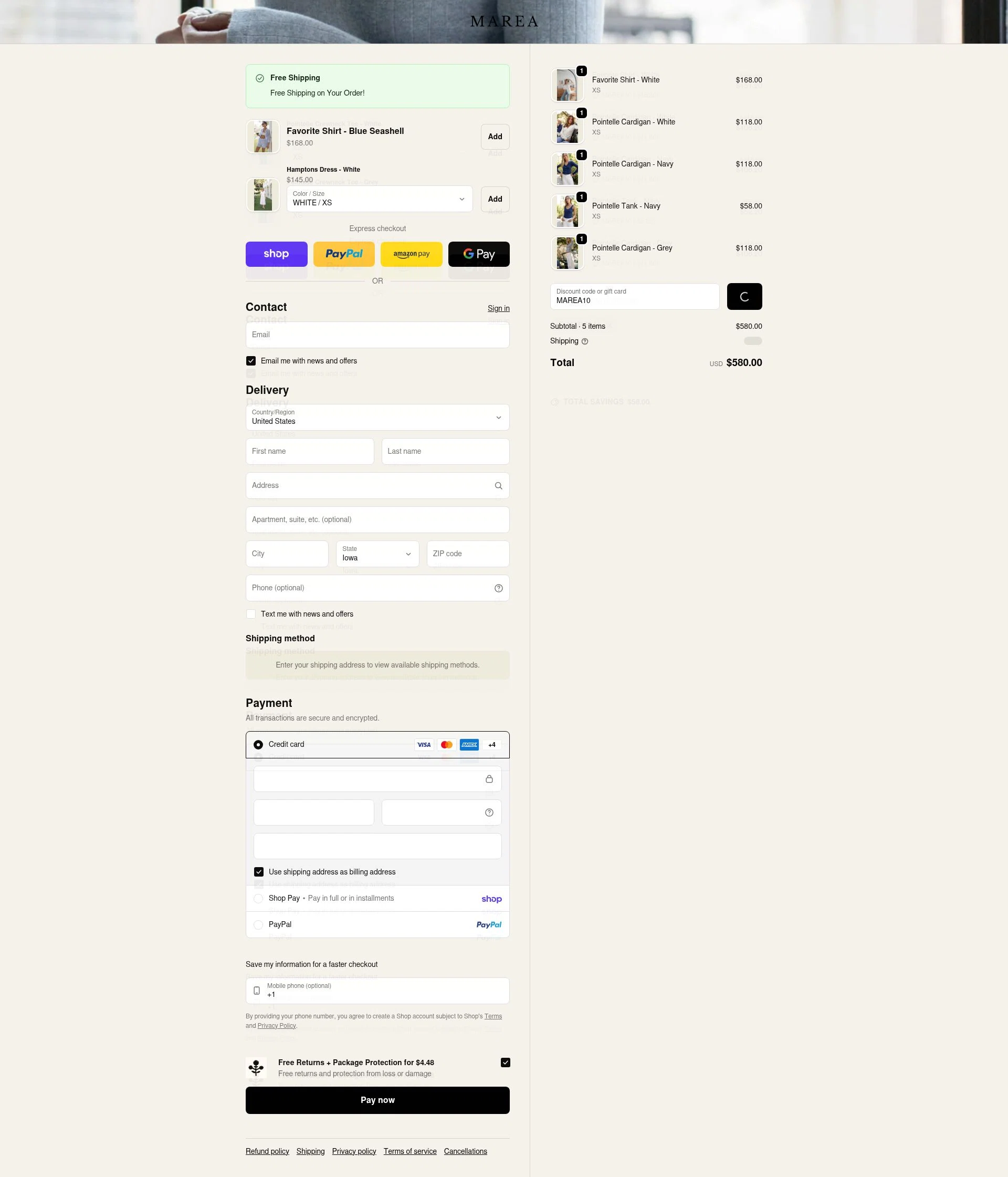 Marea by Liz Joy checkout page showing Marea by Liz Joy coupon code box | Screenshot taken by SimplyCodes community member on Feb 9, 2026