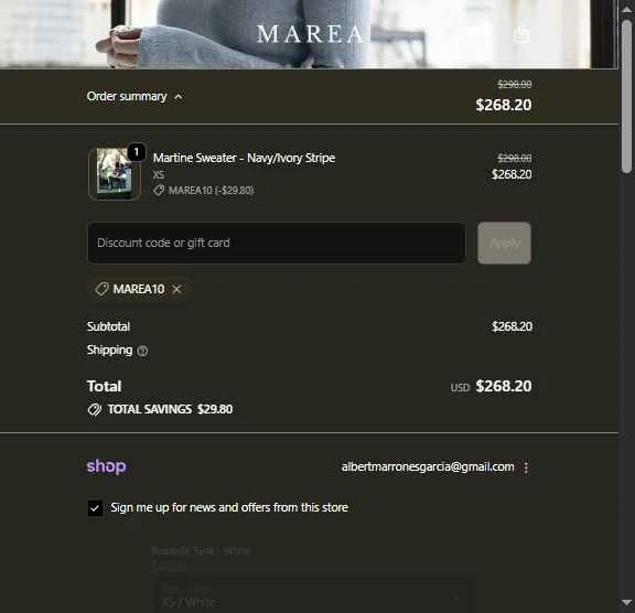 Marea by Liz Joy checkout page showing Marea by Liz Joy coupon code box | Screenshot taken by SimplyCodes community member on Jan 31, 2026