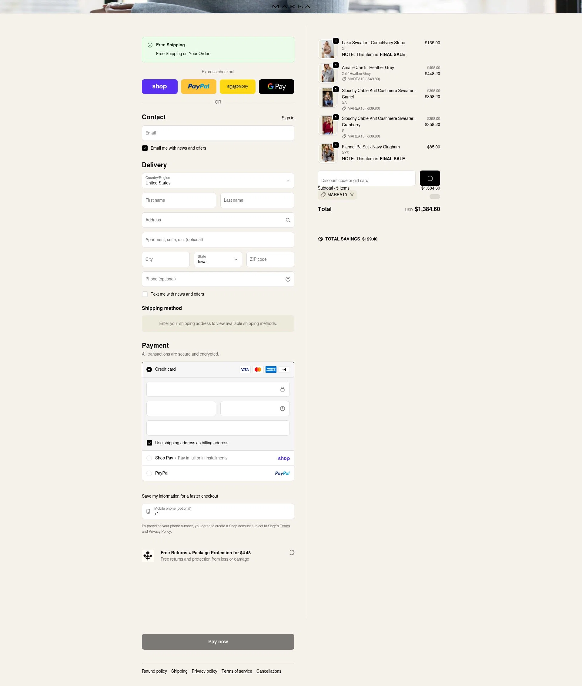 Marea by Liz Joy checkout page showing Marea by Liz Joy coupon code box | Screenshot taken by SimplyCodes community member on Feb 4, 2026