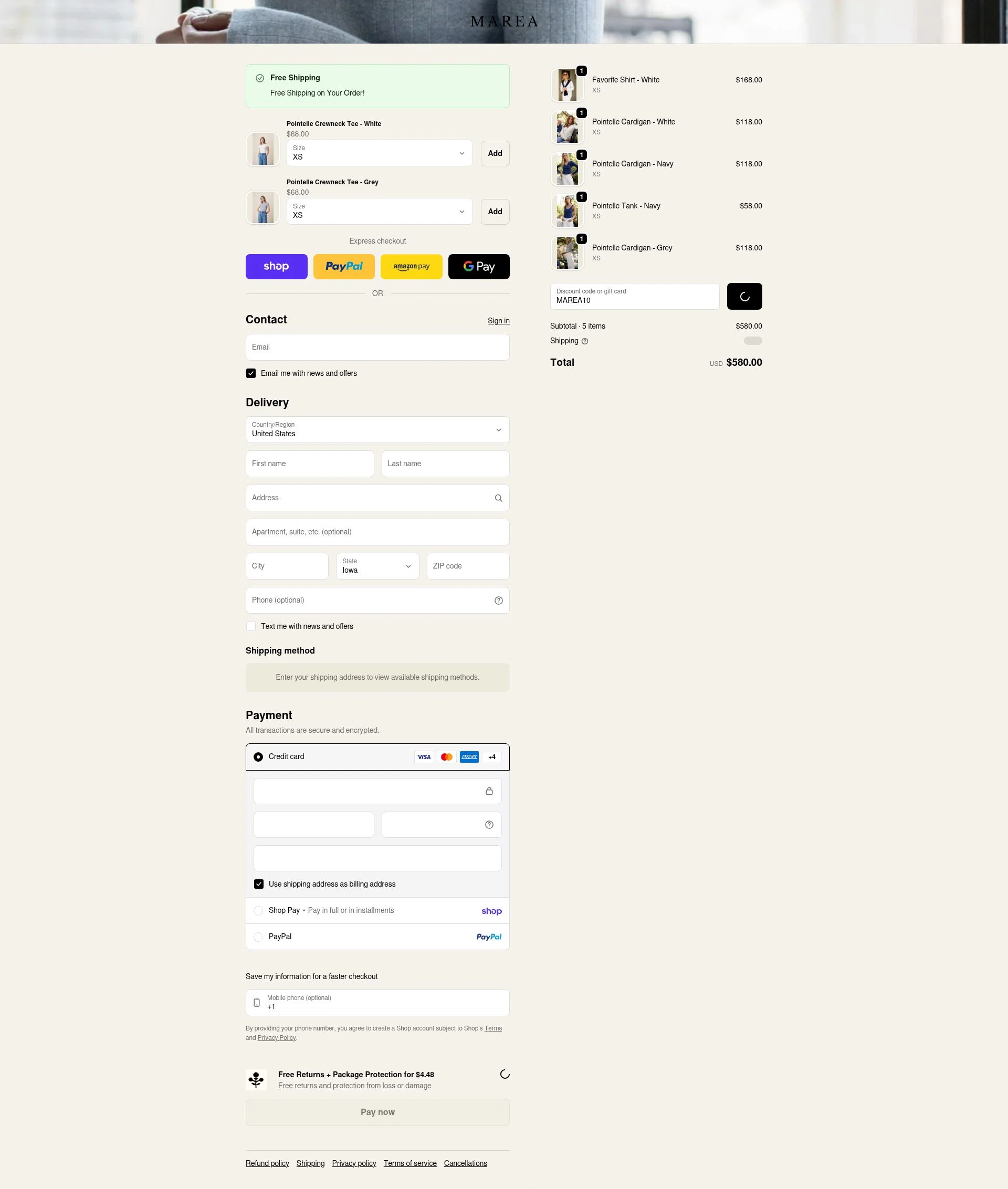 Marea by Liz Joy checkout page showing Marea by Liz Joy coupon code box | Screenshot taken by SimplyCodes community member on Feb 13, 2026