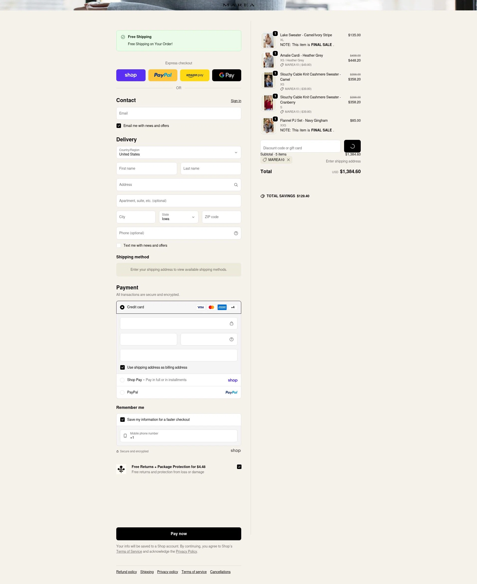 Marea by Liz Joy checkout page showing Marea by Liz Joy coupon code box | Screenshot taken by SimplyCodes community member on Jan 26, 2026