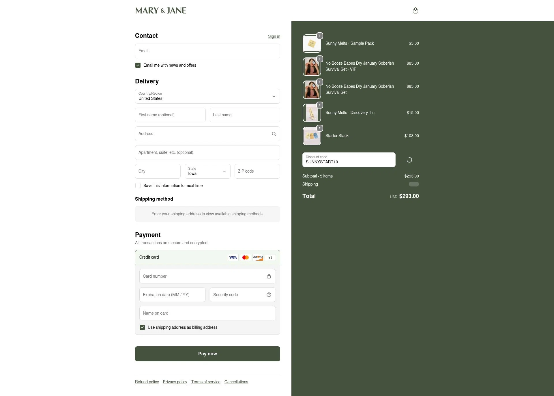 MARY & JANE checkout page showing MARY & JANE promo code box | Screenshot taken by SimplyCodes community member on Feb 10, 2026