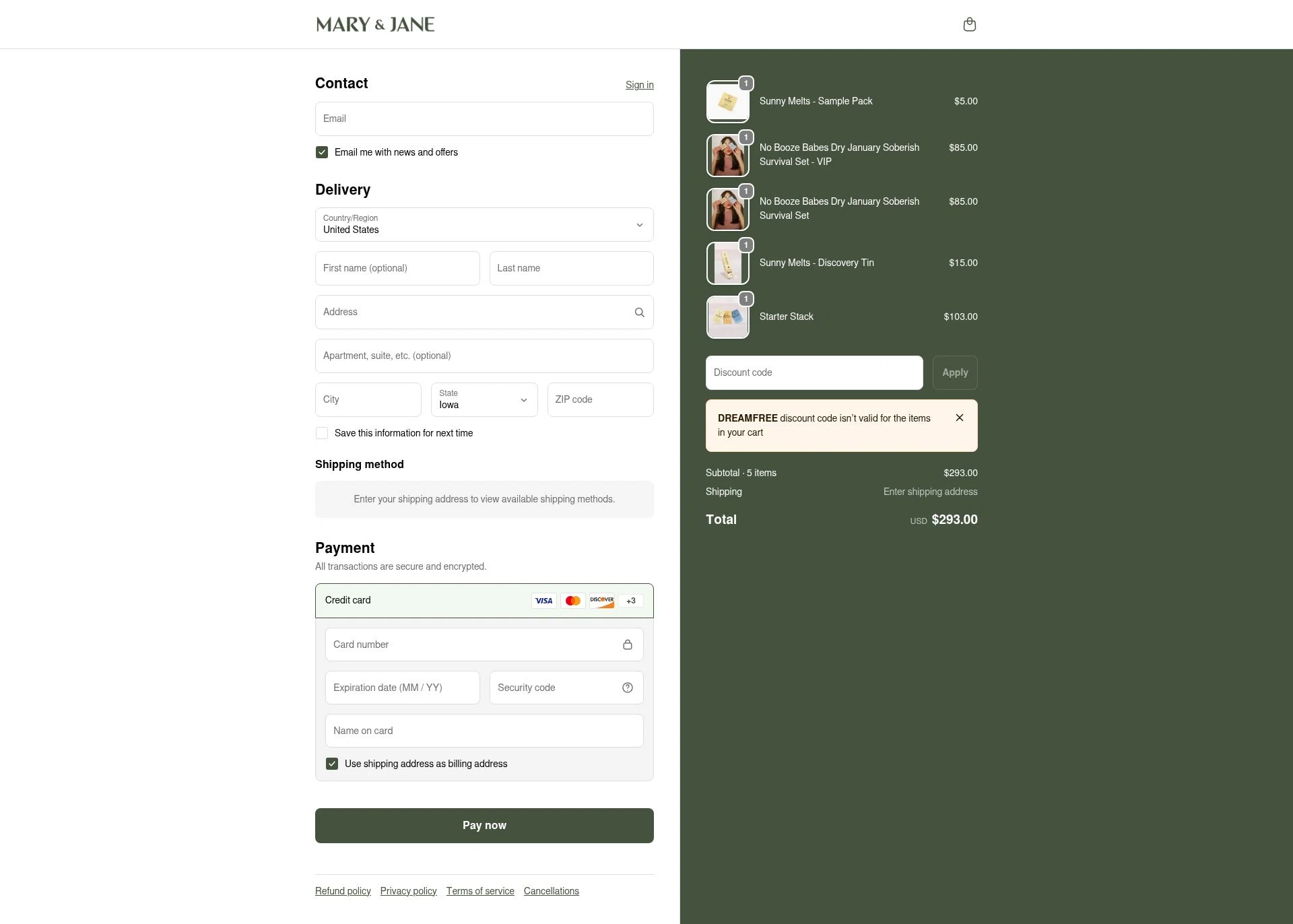 MARY & JANE checkout page showing MARY & JANE promo code box | Screenshot taken by SimplyCodes community member on Feb 10, 2026