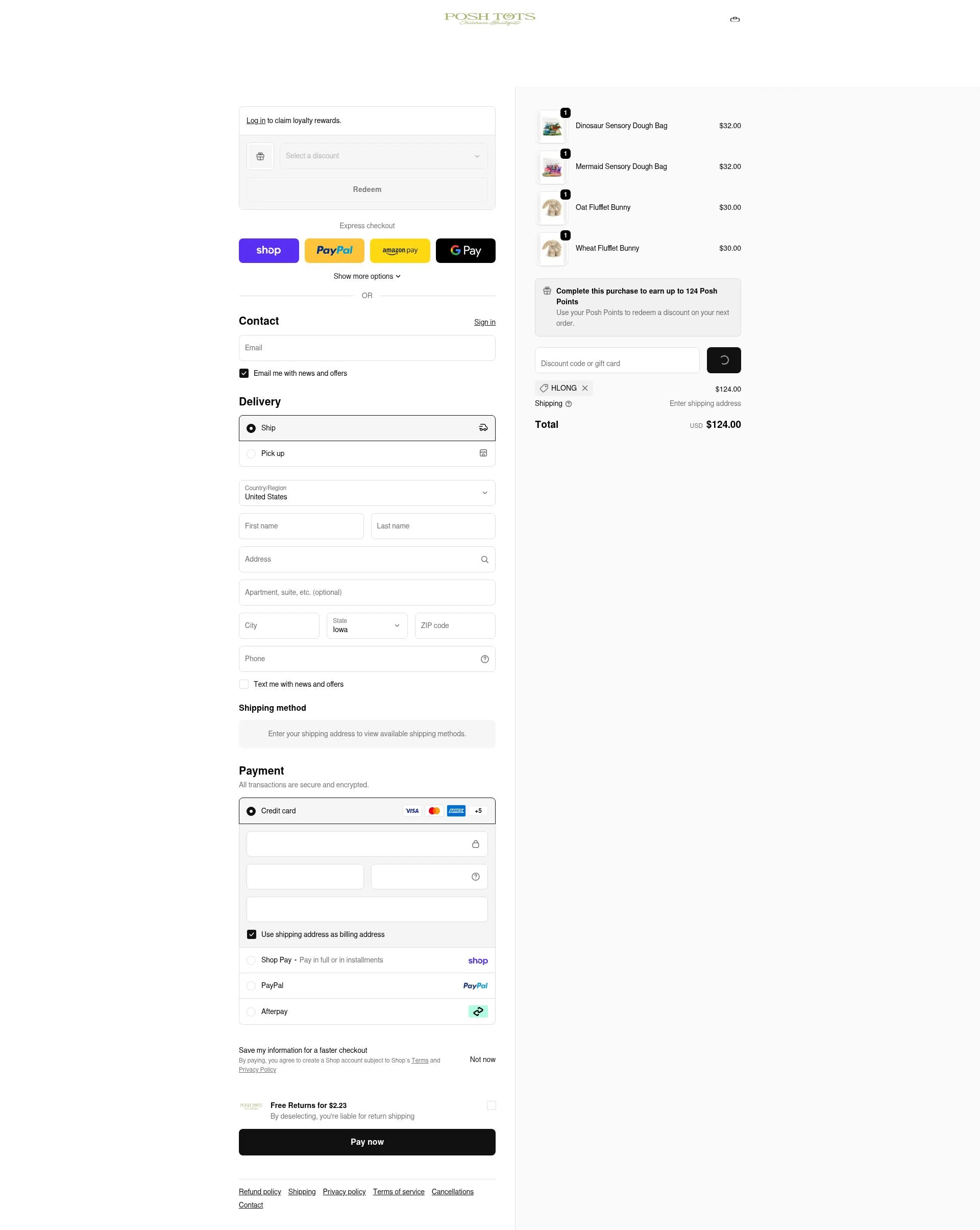 Posh Tots Children's Boutique checkout page showing Posh Tots Children's Boutique promo code box | Screenshot taken by SimplyCodes community member on Feb 18, 2026