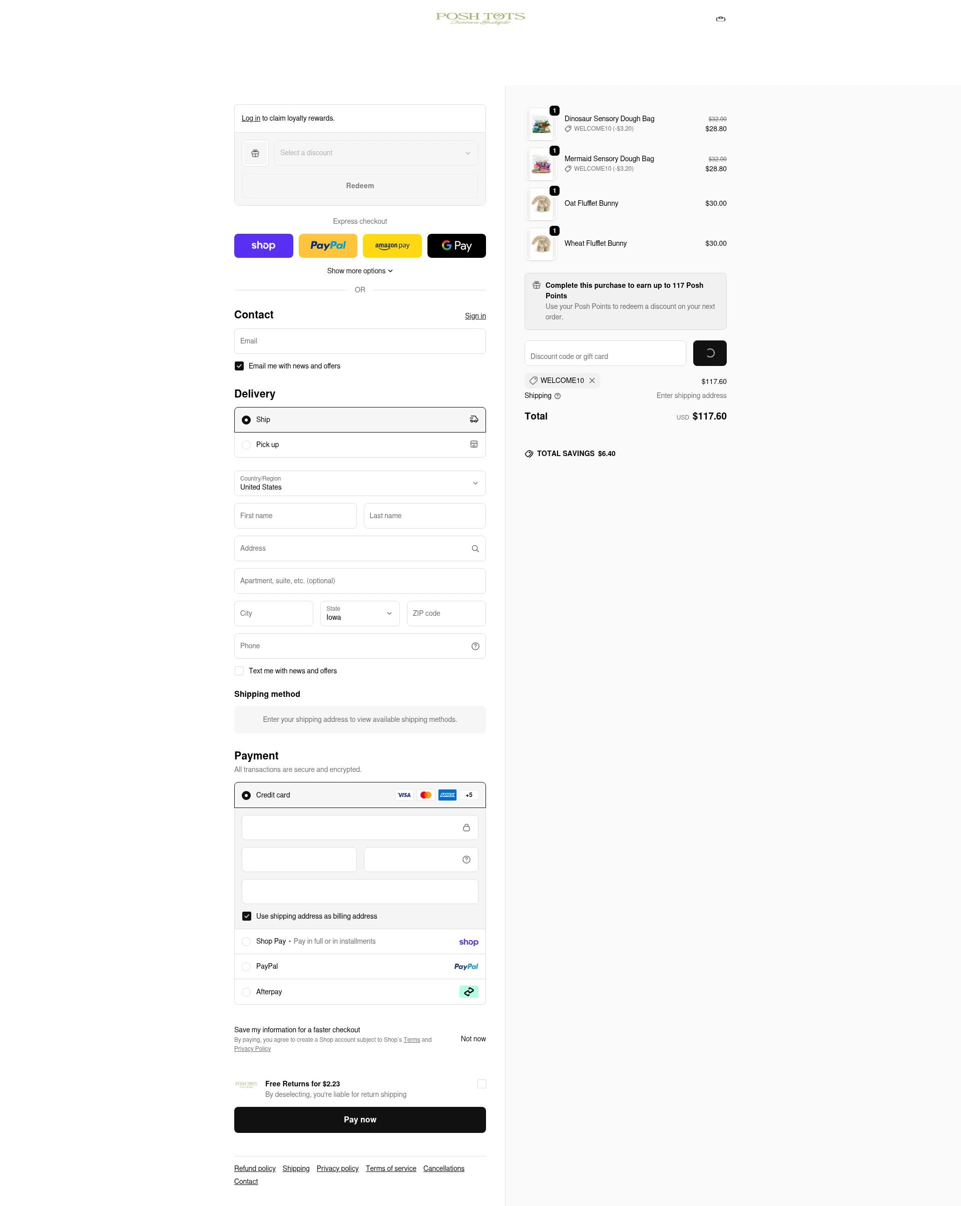 Posh Tots Children's Boutique checkout page showing Posh Tots Children's Boutique promo code box | Screenshot taken by SimplyCodes community member on Feb 18, 2026