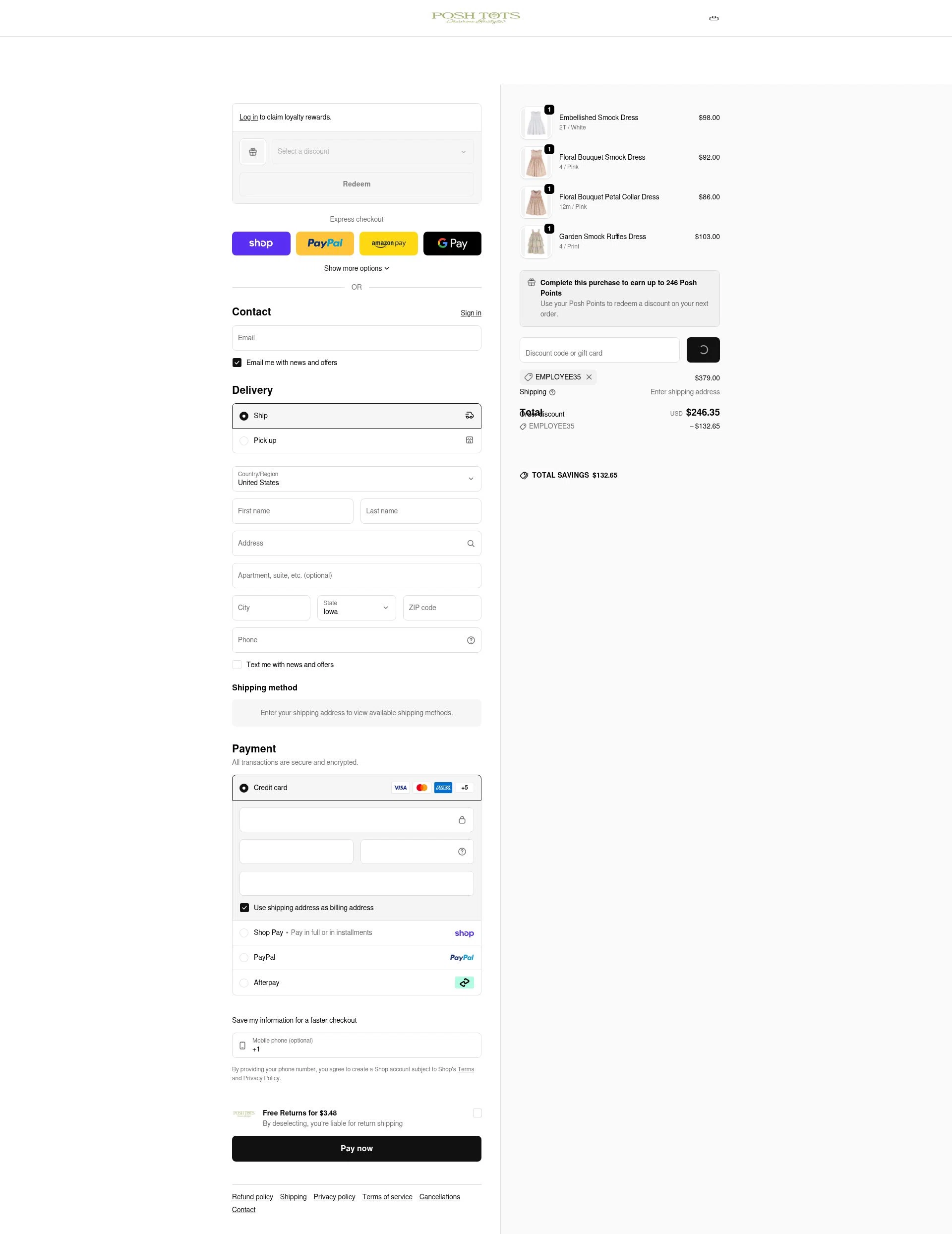 Posh Tots Children's Boutique checkout page showing Posh Tots Children's Boutique promo code box | Screenshot taken by SimplyCodes community member on Feb 13, 2026