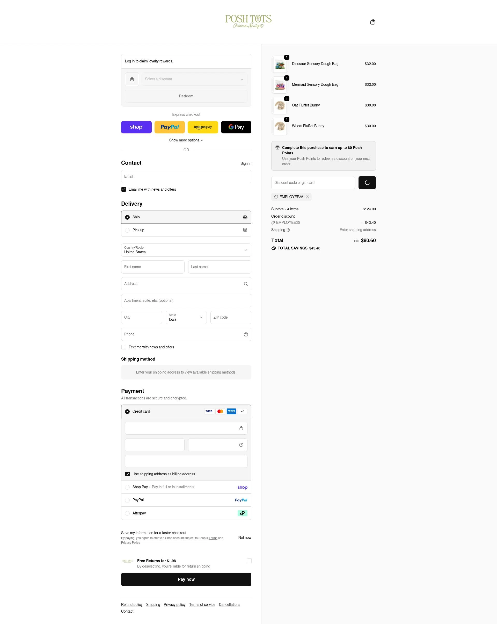 Posh Tots Children's Boutique checkout page showing Posh Tots Children's Boutique promo code box | Screenshot taken by SimplyCodes community member on Feb 18, 2026