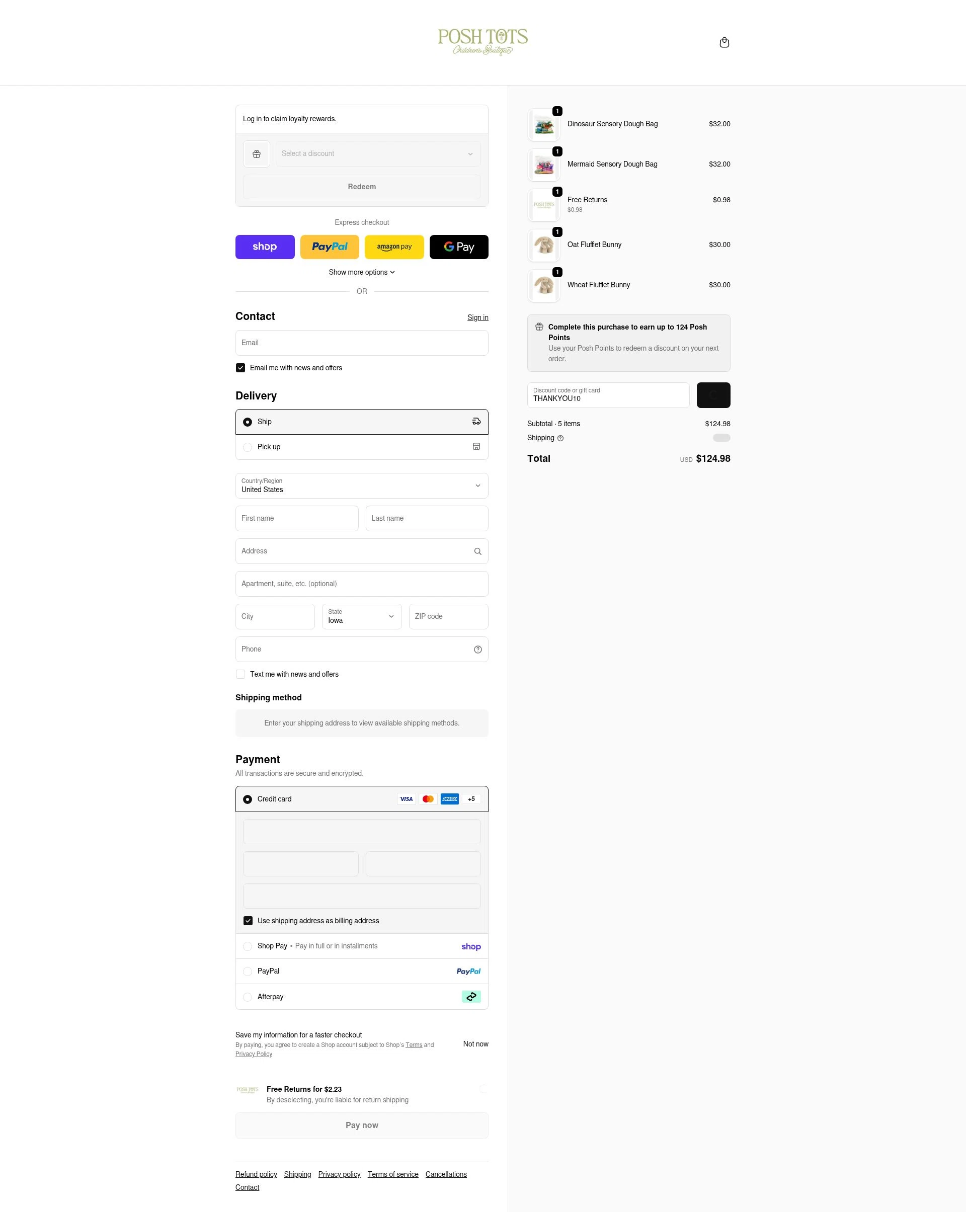 Posh Tots Children's Boutique checkout page showing Posh Tots Children's Boutique promo code box | Screenshot taken by SimplyCodes community member on Feb 18, 2026