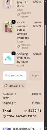 KENZIE15 coupon verification screenshot