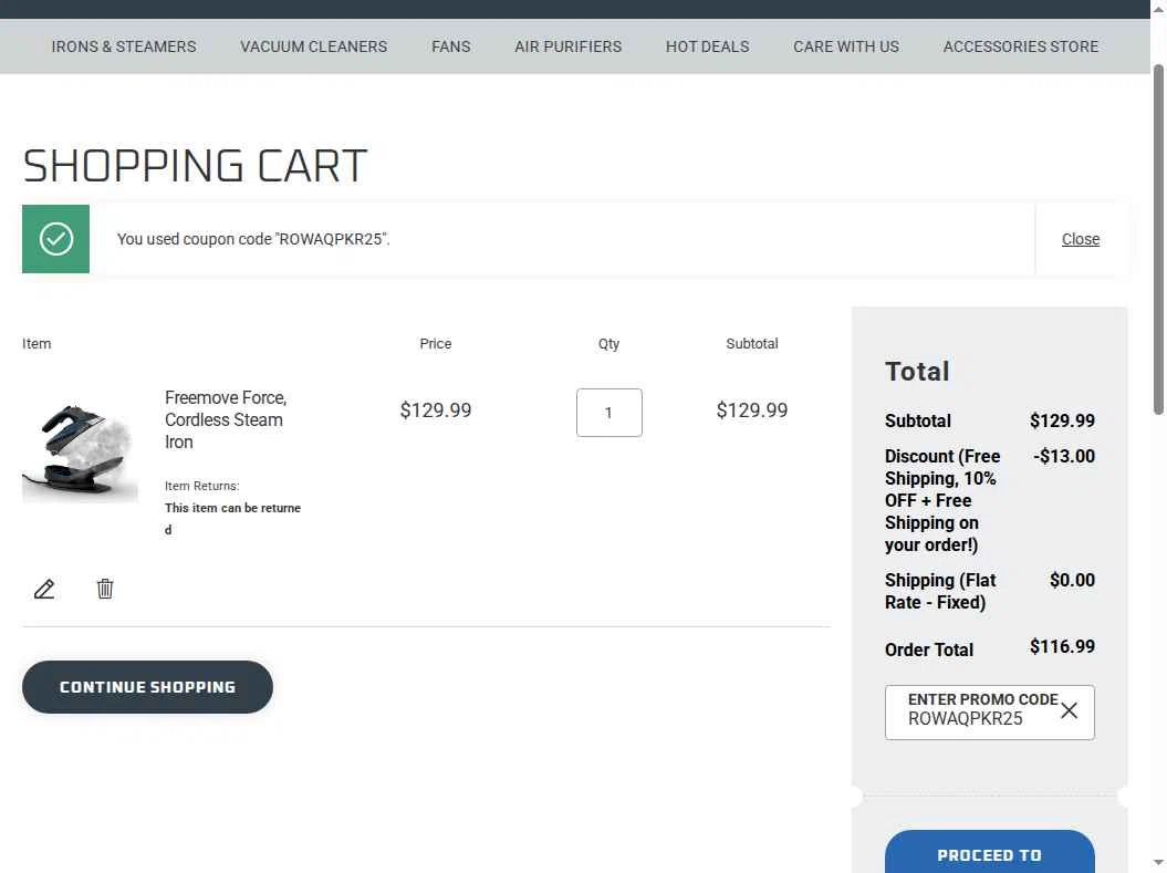 Rowenta checkout page showing Rowenta promo code box | Screenshot taken by SimplyCodes community member on Nov 9, 2025