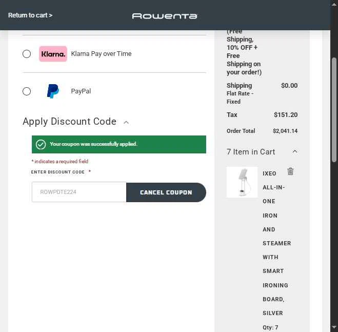 Rowenta checkout page showing Rowenta promo code box | Screenshot taken by SimplyCodes community member on Oct 2, 2025