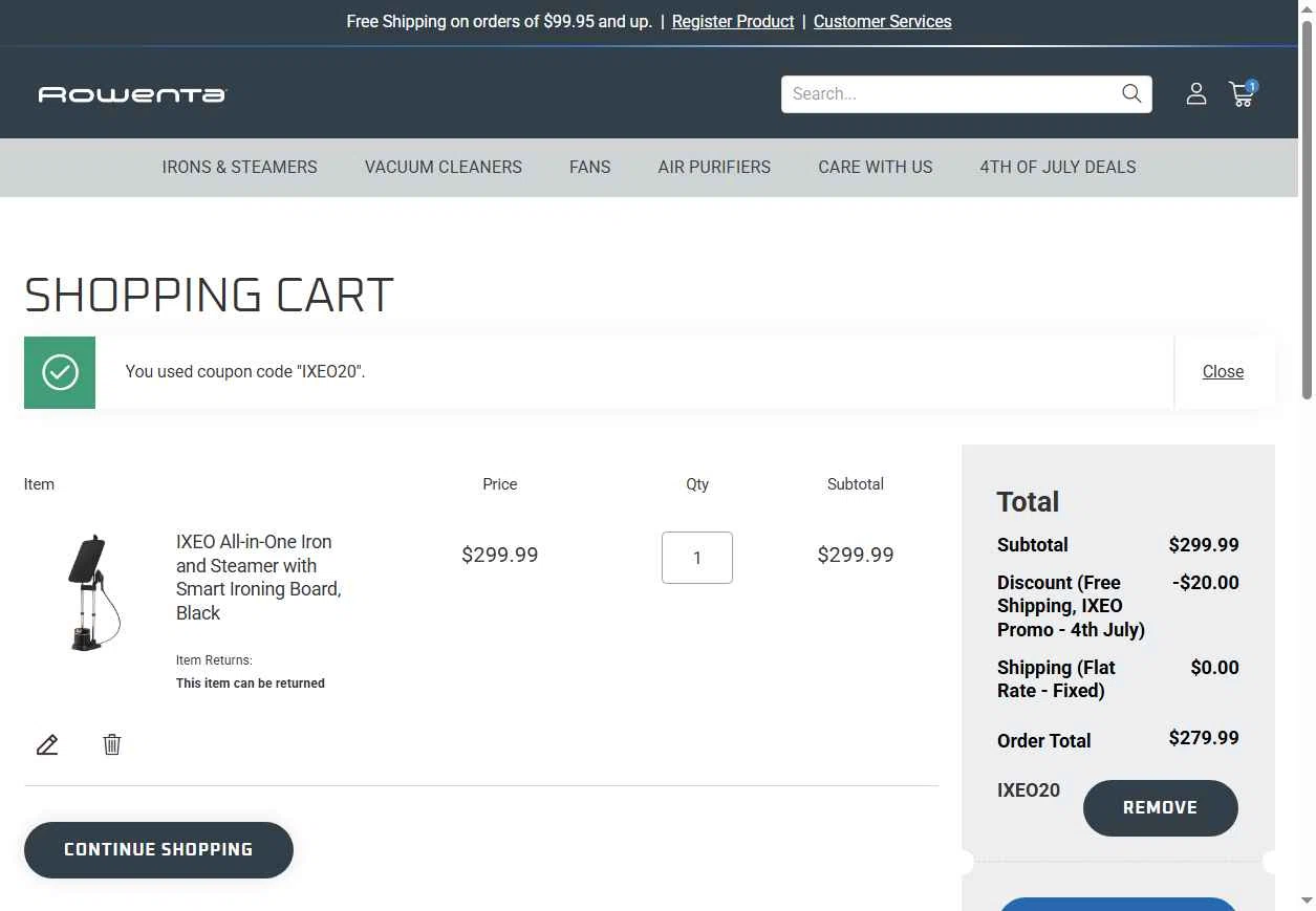 Rowenta checkout page showing Rowenta promo code box | Screenshot taken by SimplyCodes community member on Jul 4, 2025