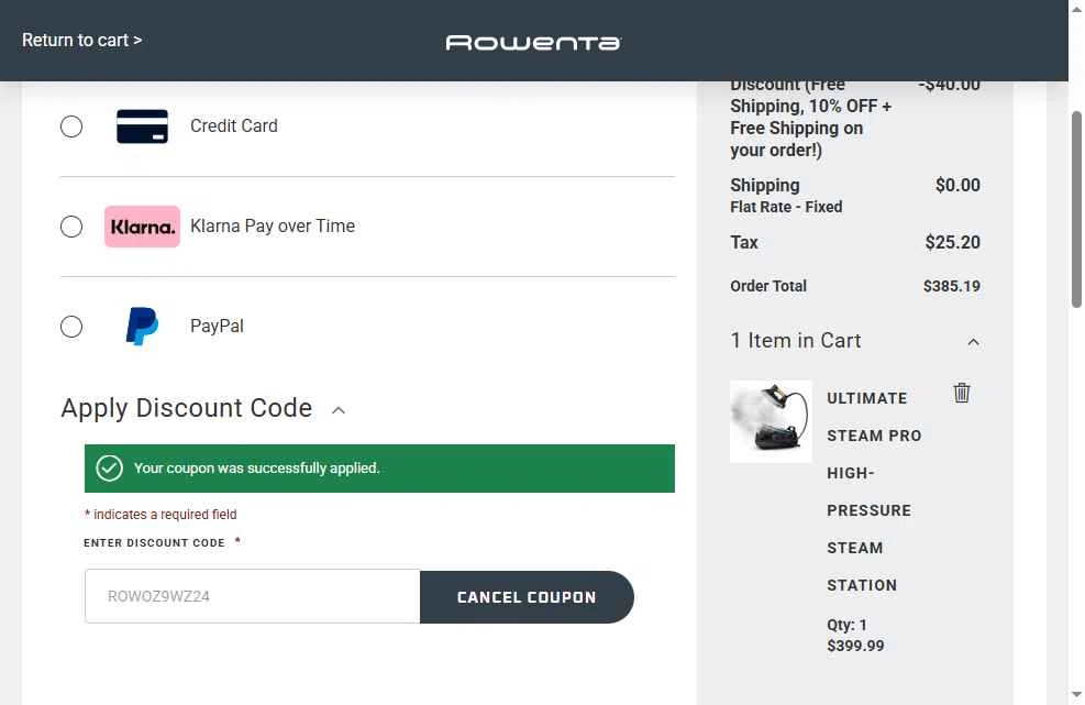 Rowenta checkout page showing Rowenta promo code box | Screenshot taken by SimplyCodes community member on Oct 3, 2025
