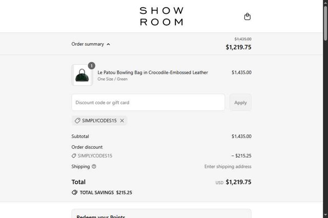 SHOWROOM checkout page showing SHOWROOM promo code box | Screenshot taken by SimplyCodes community member on Aug 21, 2025