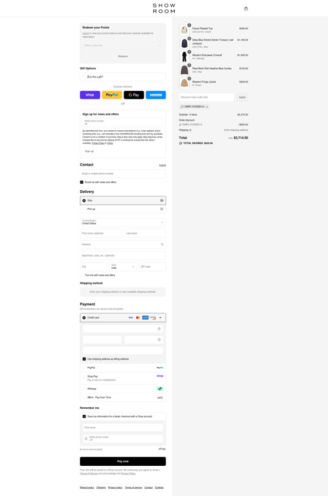 SHOWROOM checkout page showing SHOWROOM promo code box | Screenshot taken by SimplyCodes community member on Sep 4, 2025