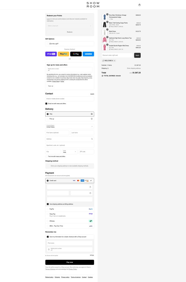 SHOWROOM checkout page showing SHOWROOM promo code box | Screenshot taken by SimplyCodes community member on Aug 17, 2025