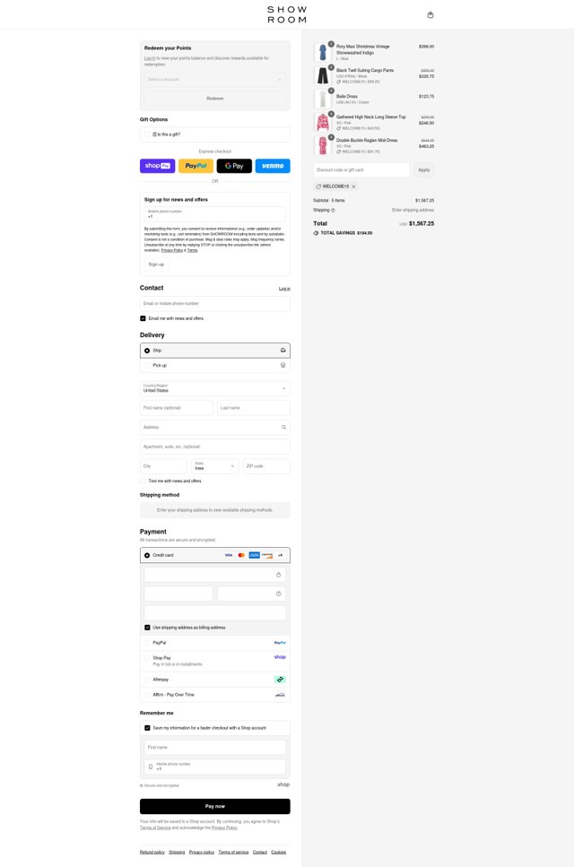 SHOWROOM checkout page showing SHOWROOM promo code box | Screenshot taken by SimplyCodes community member on Aug 26, 2025