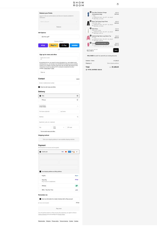 SHOWROOM checkout page showing SHOWROOM promo code box | Screenshot taken by SimplyCodes community member on Aug 31, 2025