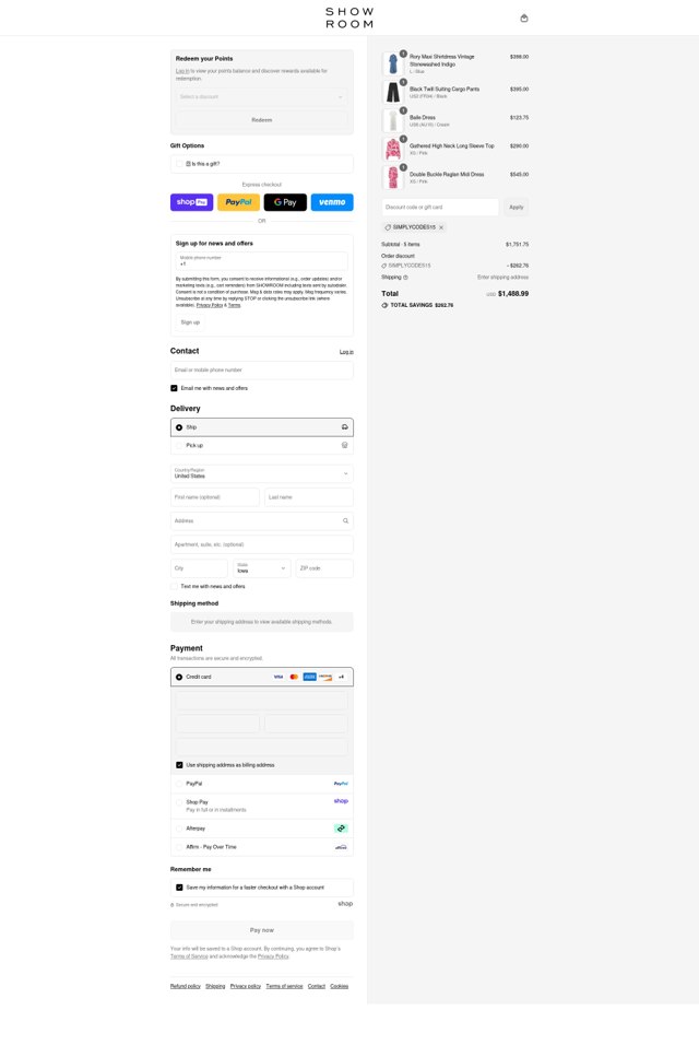 SHOWROOM checkout page showing SHOWROOM promo code box | Screenshot taken by SimplyCodes community member on Aug 17, 2025