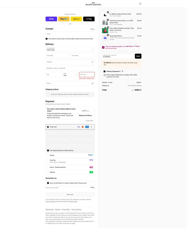 ShopSimon checkout page showing ShopSimon promo code box | Screenshot taken by SimplyCodes community member on Sep 14, 2025