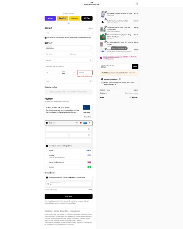 ShopSimon checkout page showing ShopSimon promo code box | Screenshot taken by SimplyCodes community member on Sep 10, 2025