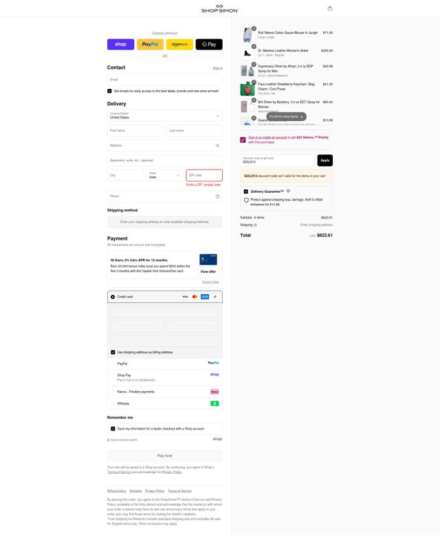 ShopSimon checkout page showing ShopSimon promo code box | Screenshot taken by SimplyCodes community member on Sep 10, 2025