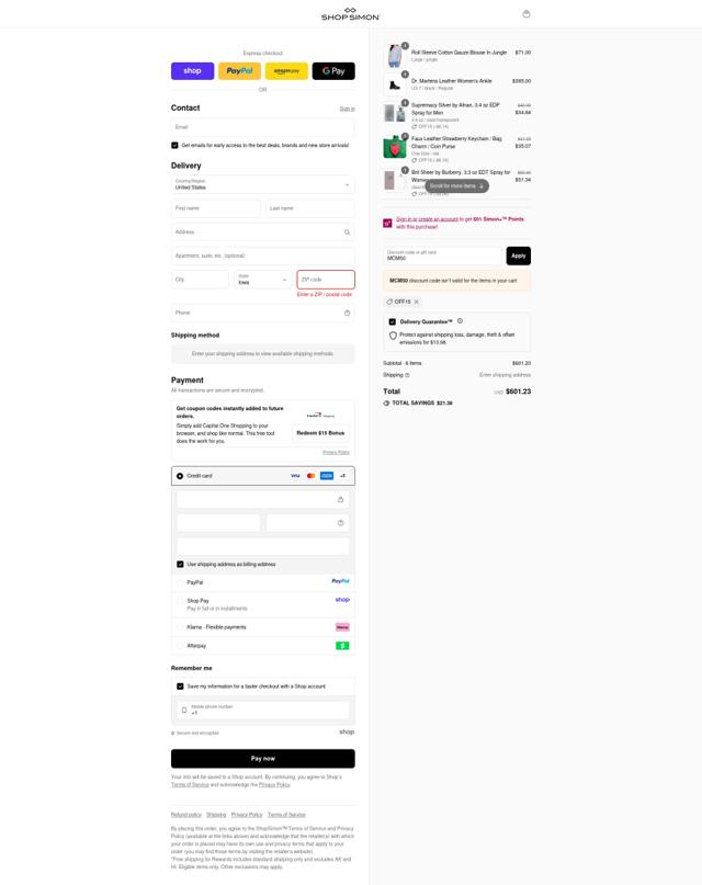 ShopSimon checkout page showing ShopSimon promo code box | Screenshot taken by SimplyCodes community member on Sep 10, 2025