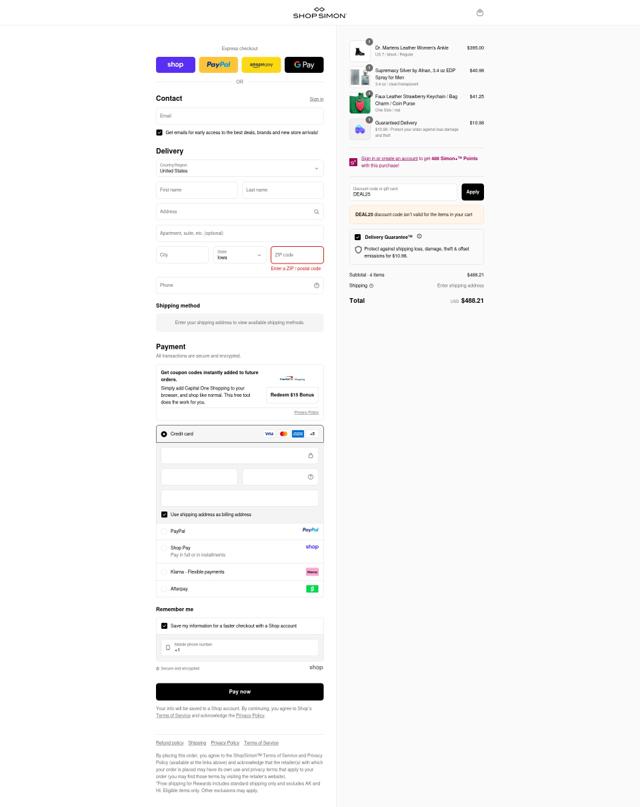 ShopSimon checkout page showing ShopSimon promo code box | Screenshot taken by SimplyCodes community member on Sep 14, 2025