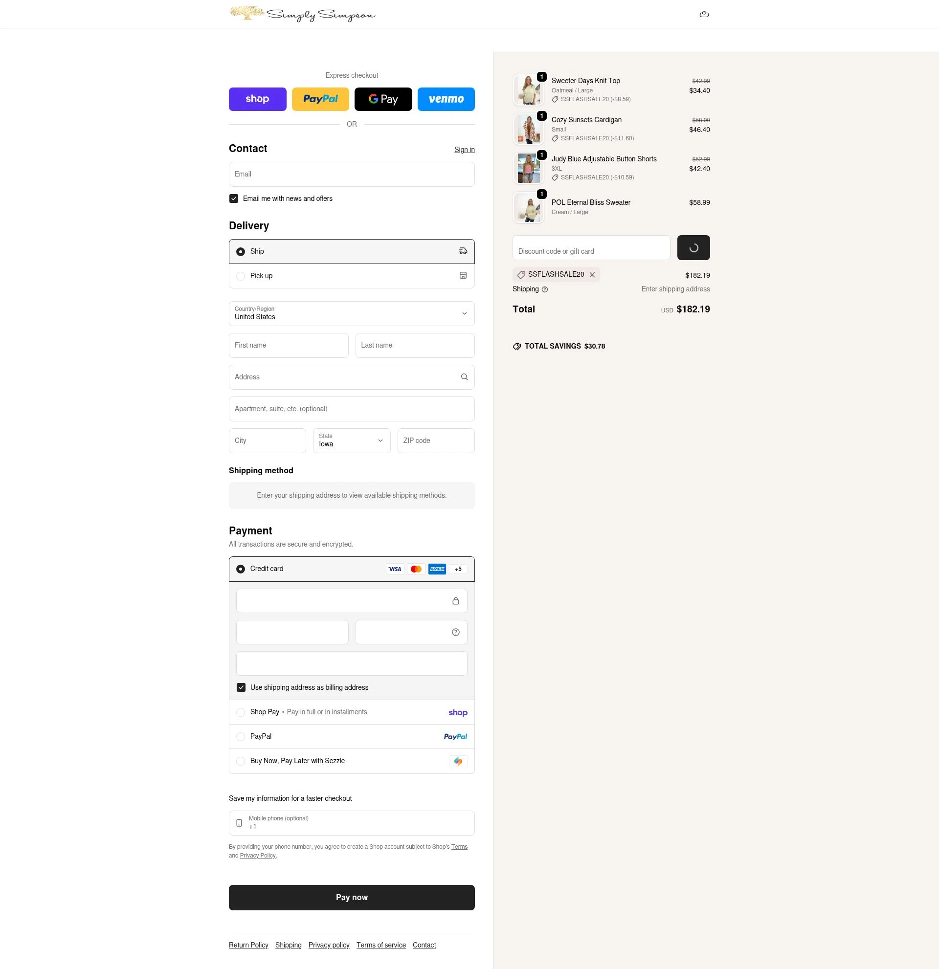 Simply Simpson Boutique checkout page showing Simply Simpson Boutique promo code box | Screenshot taken by SimplyCodes community member on Feb 9, 2026