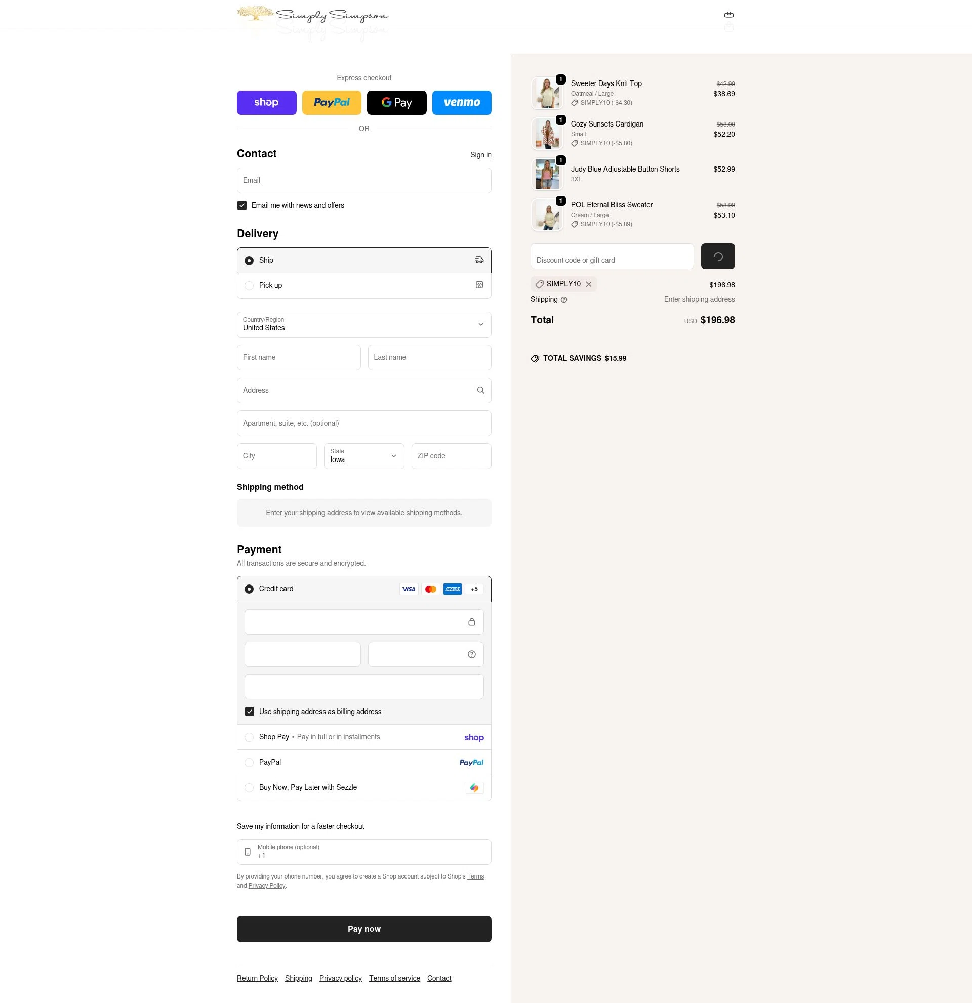 Simply Simpson Boutique checkout page showing Simply Simpson Boutique promo code box | Screenshot taken by SimplyCodes community member on Feb 9, 2026