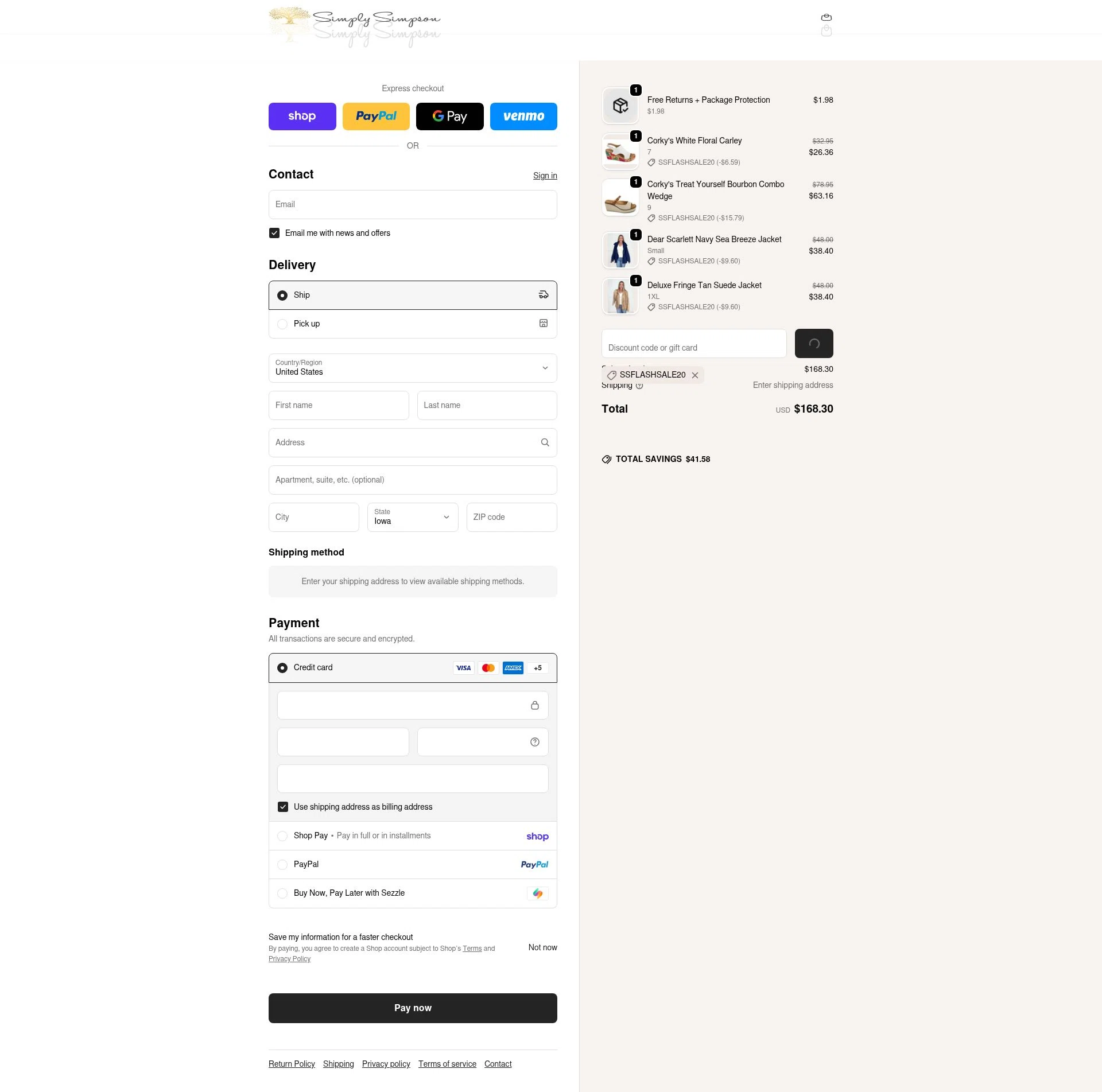 Simply Simpson Boutique checkout page showing Simply Simpson Boutique promo code box | Screenshot taken by SimplyCodes community member on Feb 18, 2026