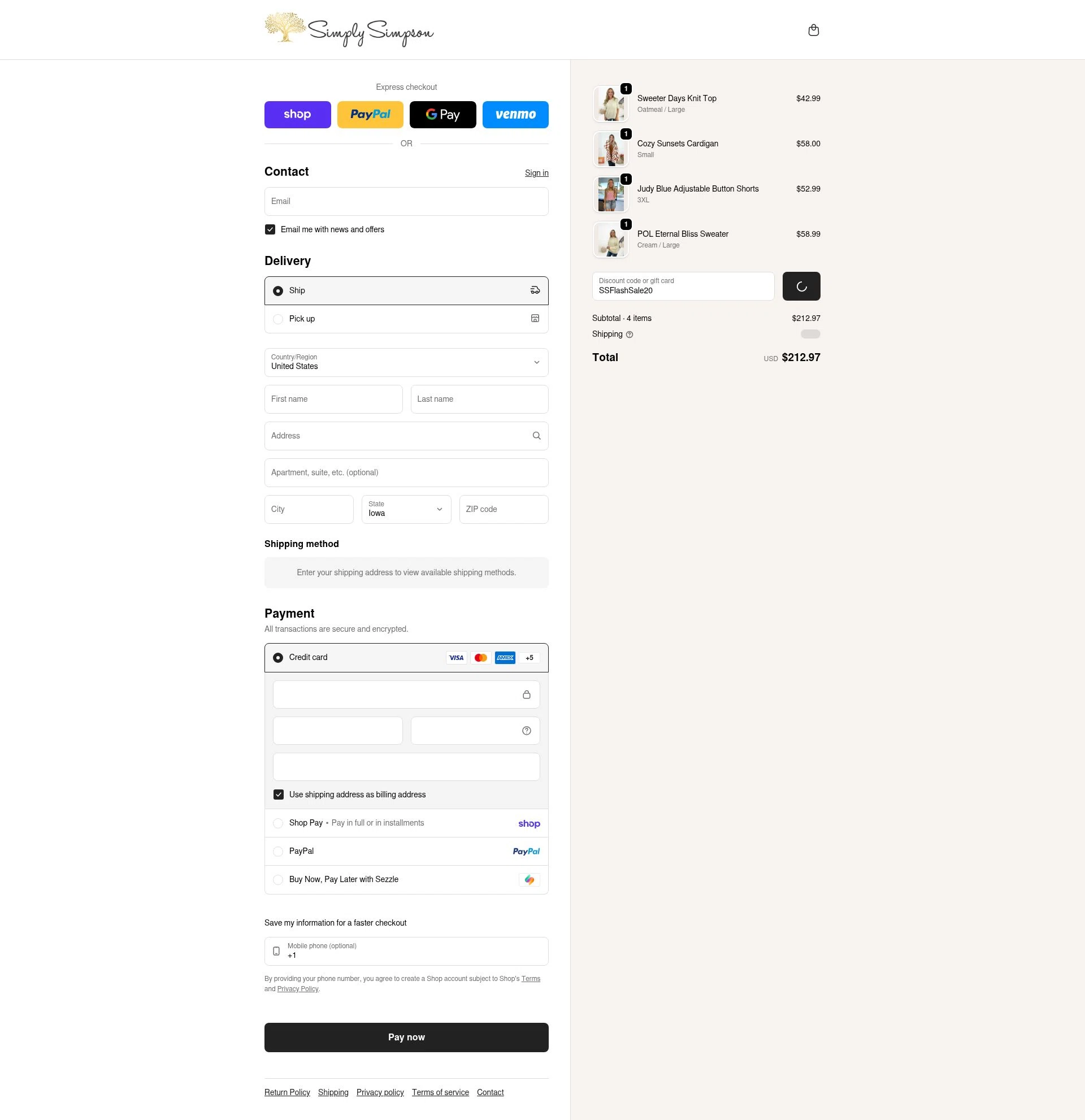 Simply Simpson Boutique checkout page showing Simply Simpson Boutique promo code box | Screenshot taken by SimplyCodes community member on Feb 5, 2026