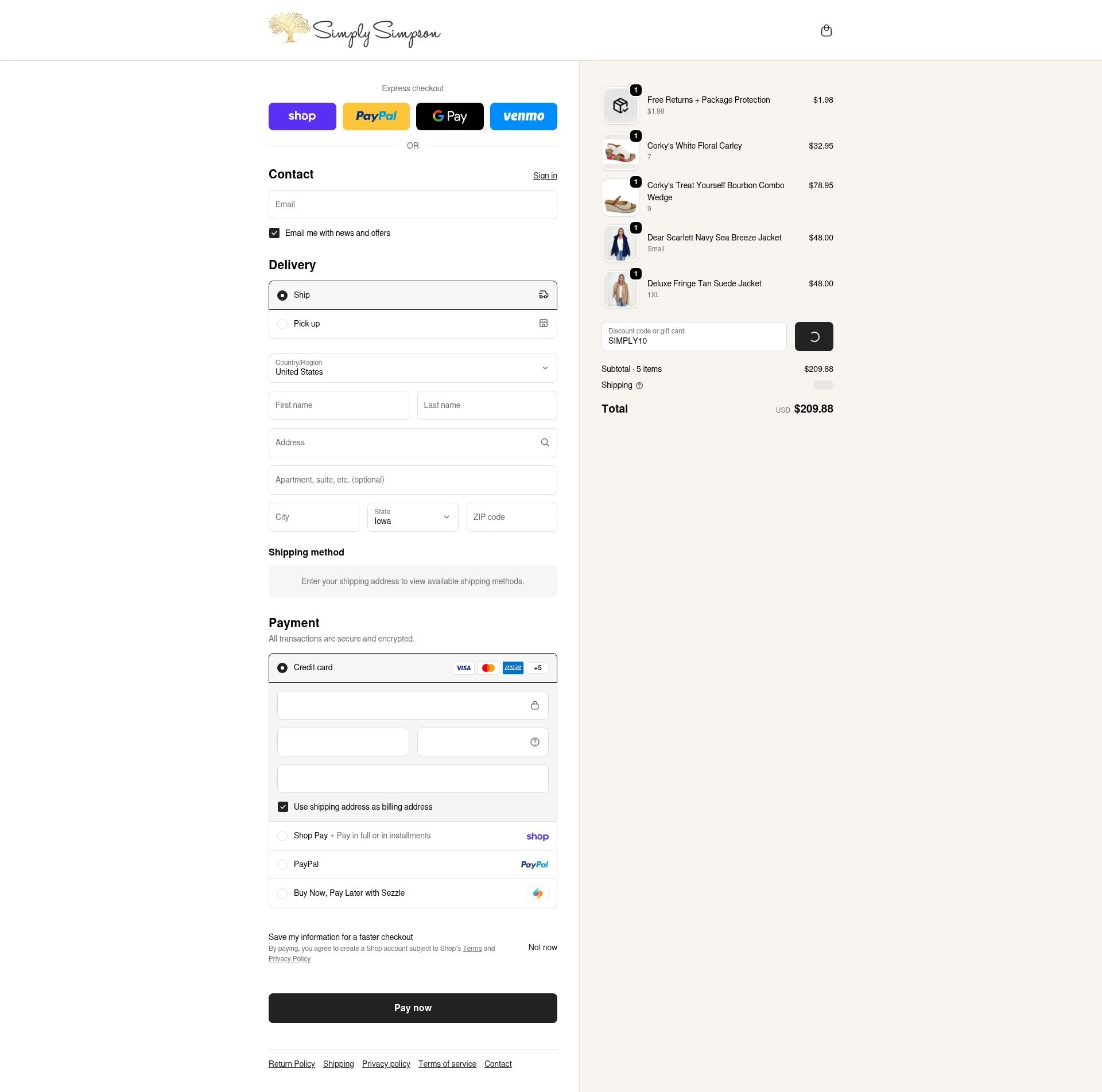 Simply Simpson Boutique checkout page showing Simply Simpson Boutique promo code box | Screenshot taken by SimplyCodes community member on Feb 18, 2026