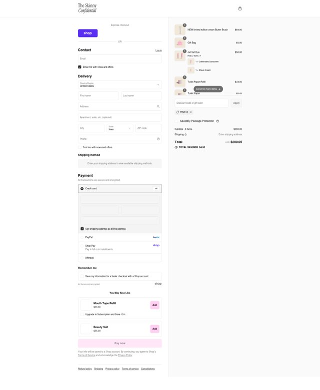The Skinny Confidential checkout page showing The Skinny Confidential promo code box | Screenshot taken by SimplyCodes community member on Sep 7, 2025