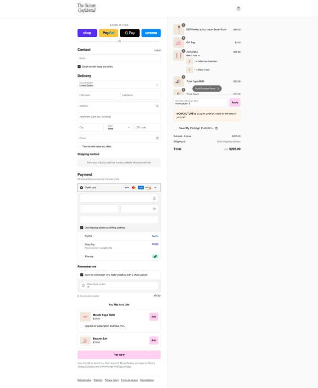 The Skinny Confidential checkout page showing The Skinny Confidential promo code box | Screenshot taken by SimplyCodes community member on Sep 7, 2025