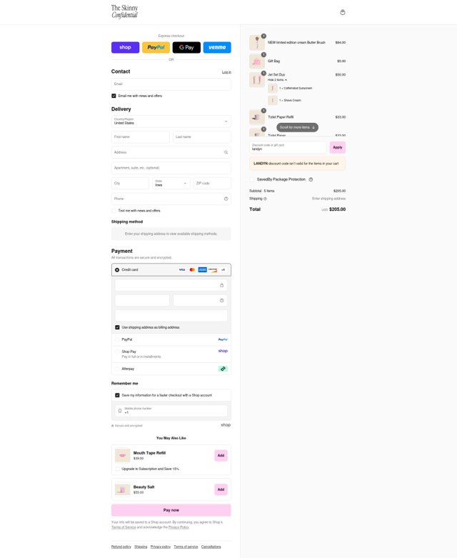 The Skinny Confidential checkout page showing The Skinny Confidential promo code box | Screenshot taken by SimplyCodes community member on Sep 7, 2025