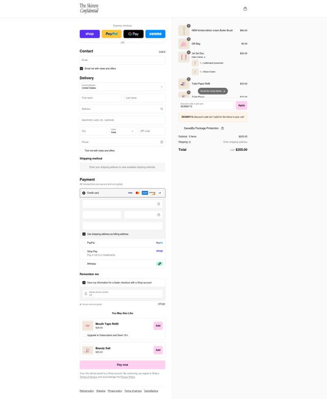 The Skinny Confidential checkout page showing The Skinny Confidential promo code box | Screenshot taken by SimplyCodes community member on Sep 7, 2025