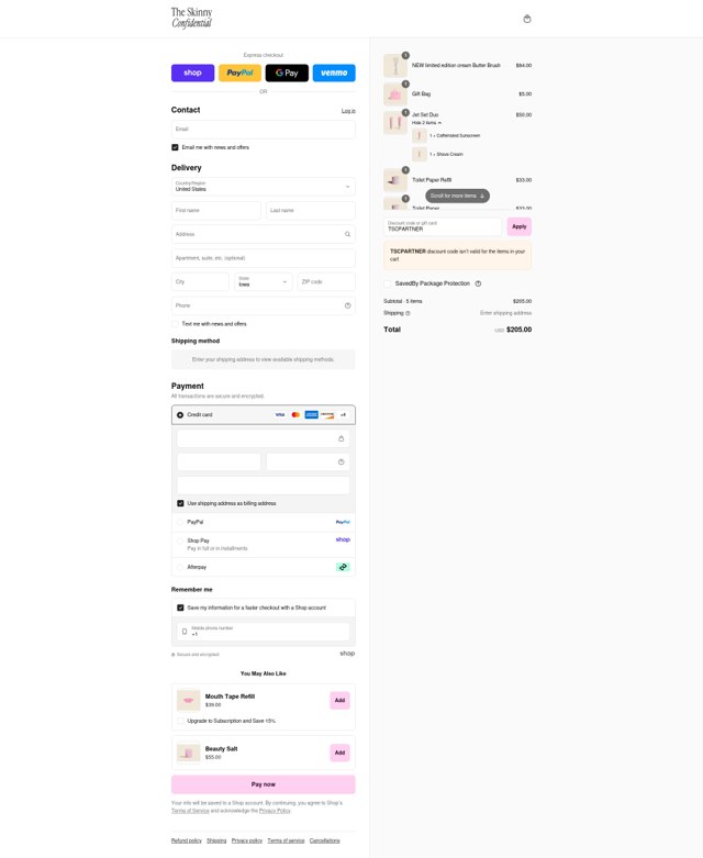 The Skinny Confidential checkout page showing The Skinny Confidential promo code box | Screenshot taken by SimplyCodes community member on Sep 7, 2025