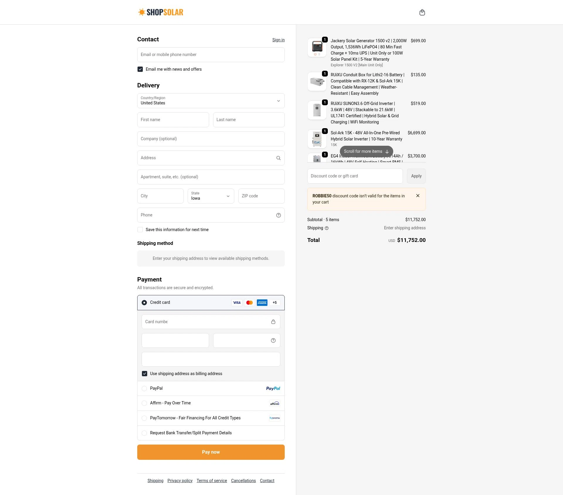 ShopSolarKits.com checkout page showing ShopSolarKits.com coupon code box | Screenshot taken by SimplyCodes community member on Jan 7, 2026
