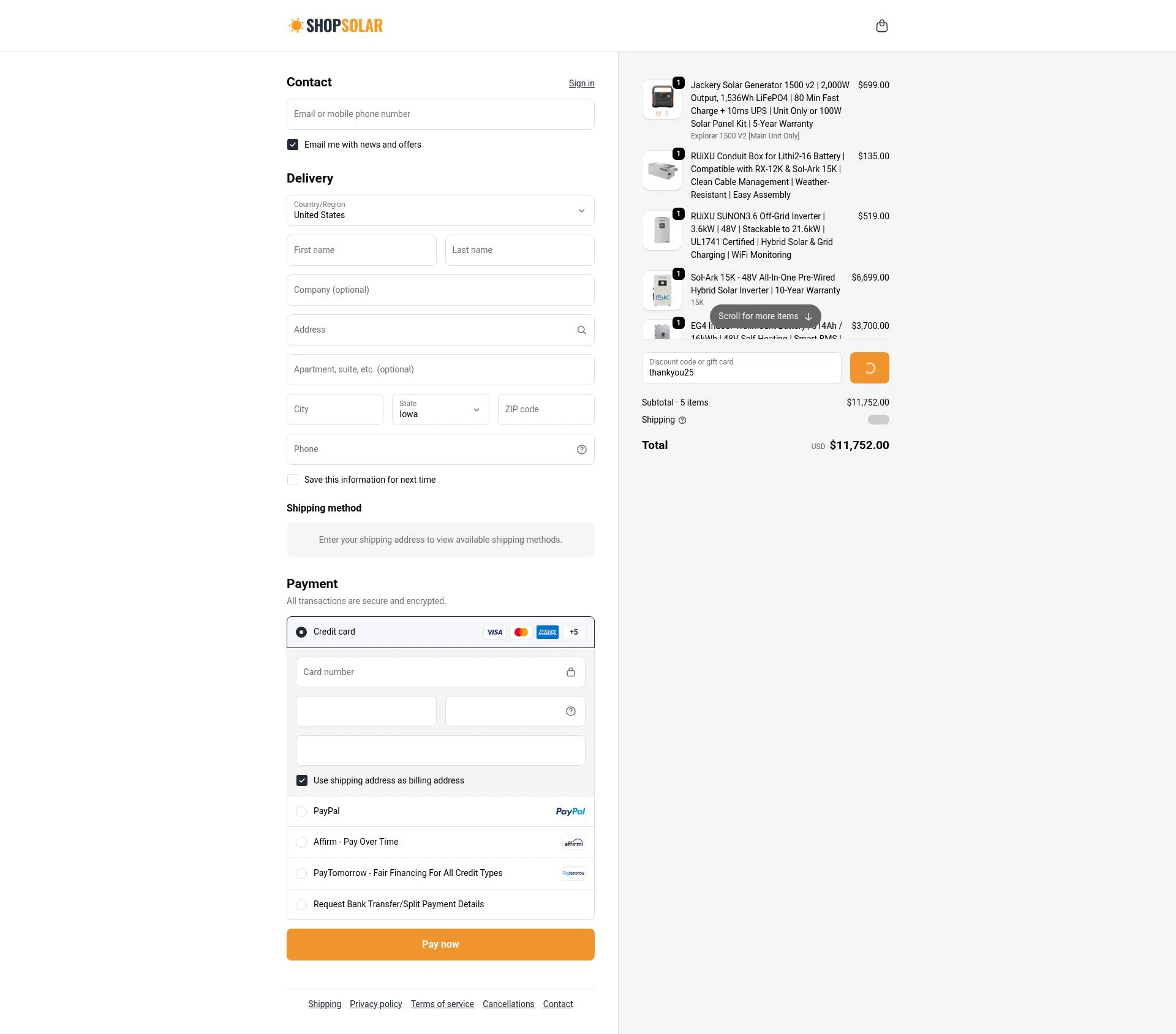 ShopSolarKits.com checkout page showing ShopSolarKits.com coupon code box | Screenshot taken by SimplyCodes community member on Jan 7, 2026