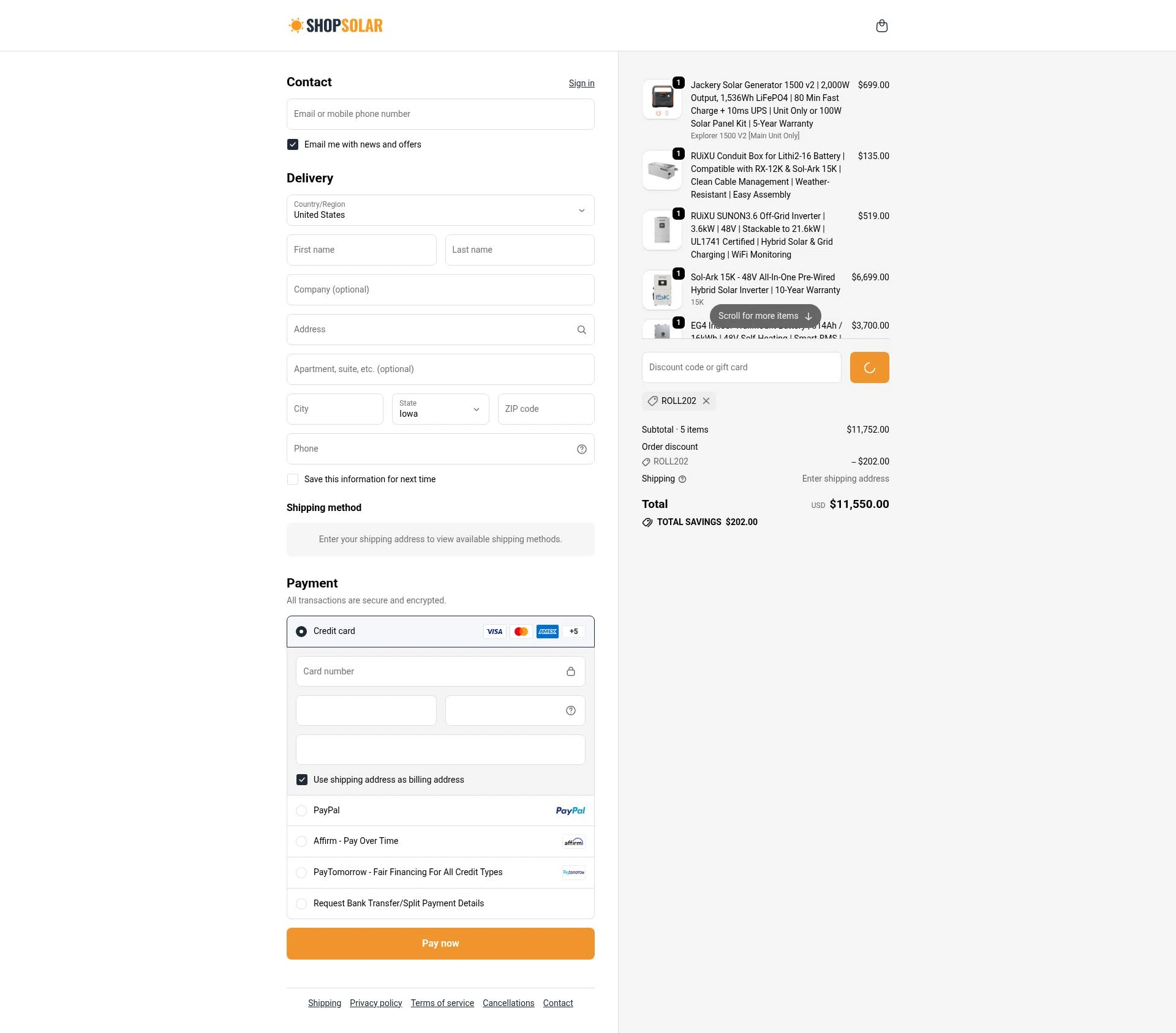 ShopSolarKits.com checkout page showing ShopSolarKits.com coupon code box | Screenshot taken by SimplyCodes community member on Jan 7, 2026