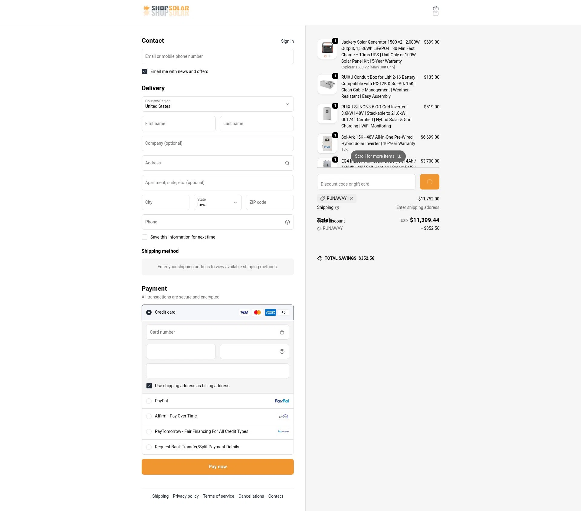 ShopSolarKits.com checkout page showing ShopSolarKits.com coupon code box | Screenshot taken by SimplyCodes community member on Jan 7, 2026