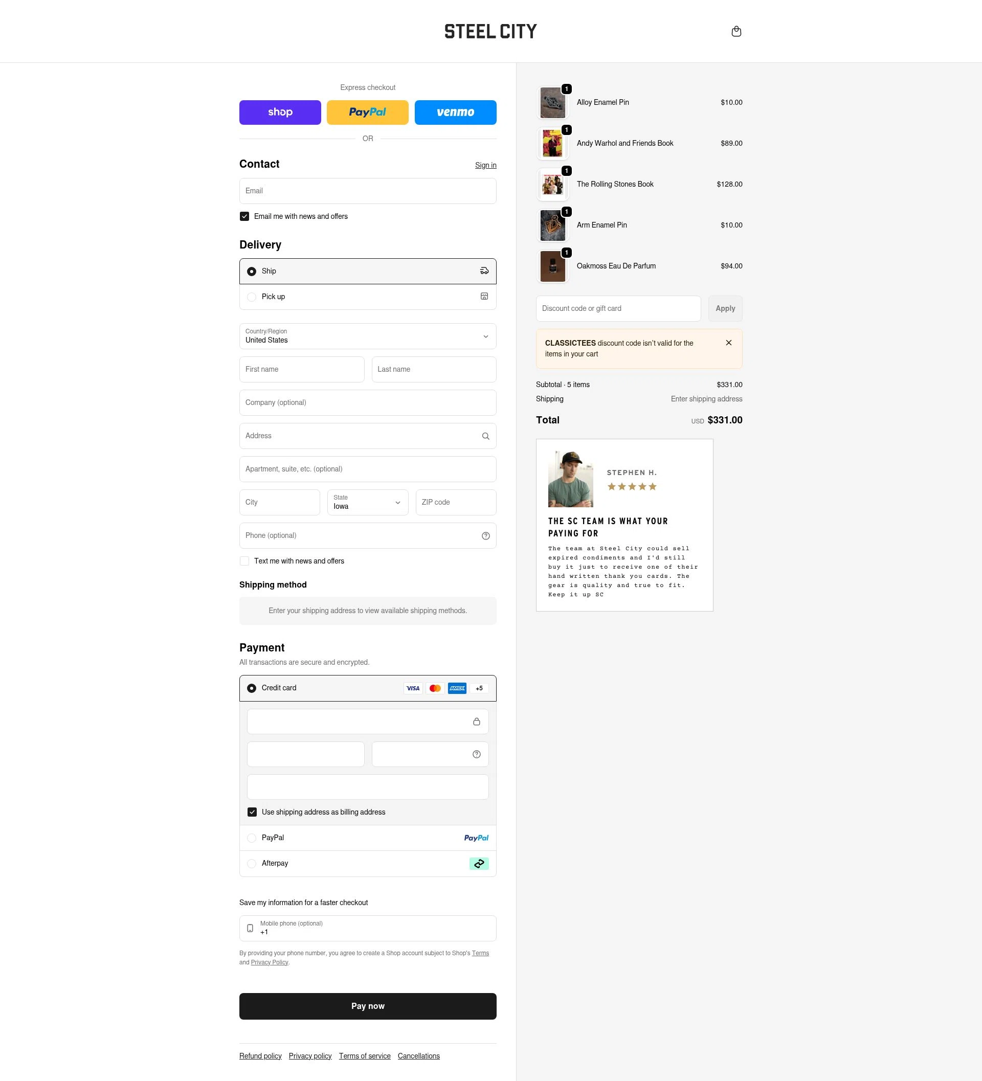 Steel City checkout page showing Steel City promo code box | Screenshot taken by SimplyCodes community member on Feb 20, 2026