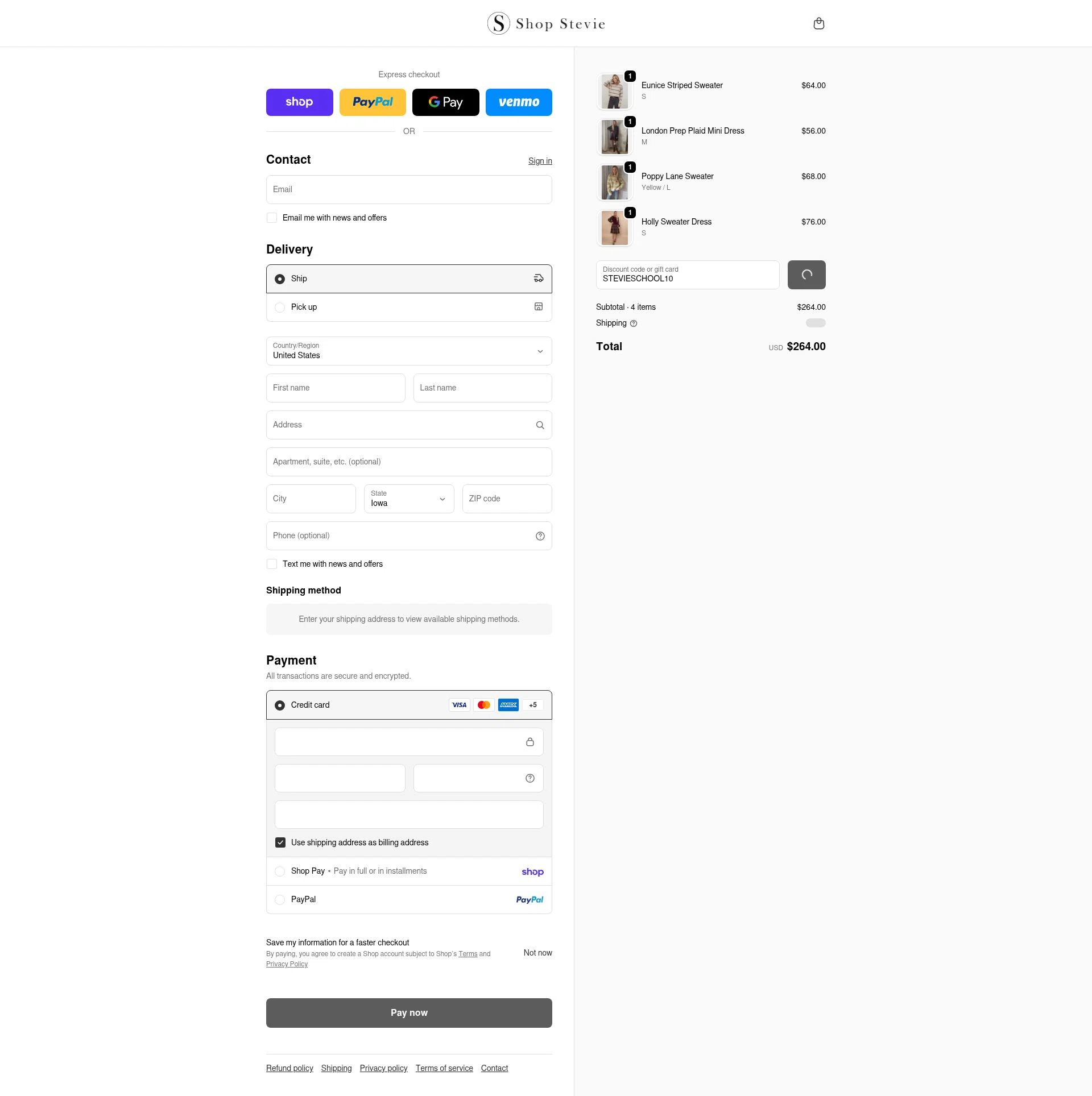 Shop Stevie checkout page showing Shop Stevie discount code box | Screenshot taken by SimplyCodes community member on Feb 16, 2026