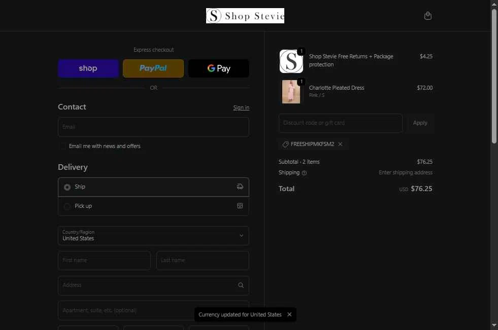 Shop Stevie checkout page showing Shop Stevie discount code box | Screenshot taken by SimplyCodes community member on Feb 16, 2026