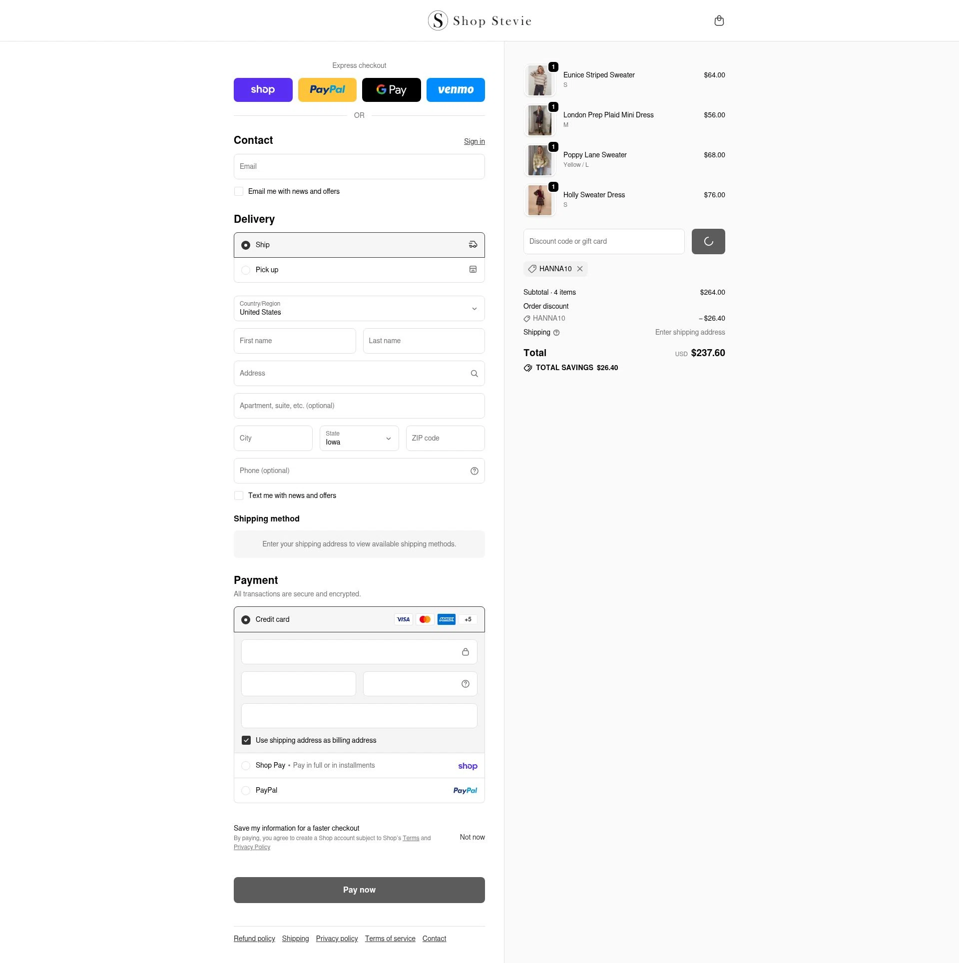 Shop Stevie checkout page showing Shop Stevie discount code box | Screenshot taken by SimplyCodes community member on Feb 16, 2026