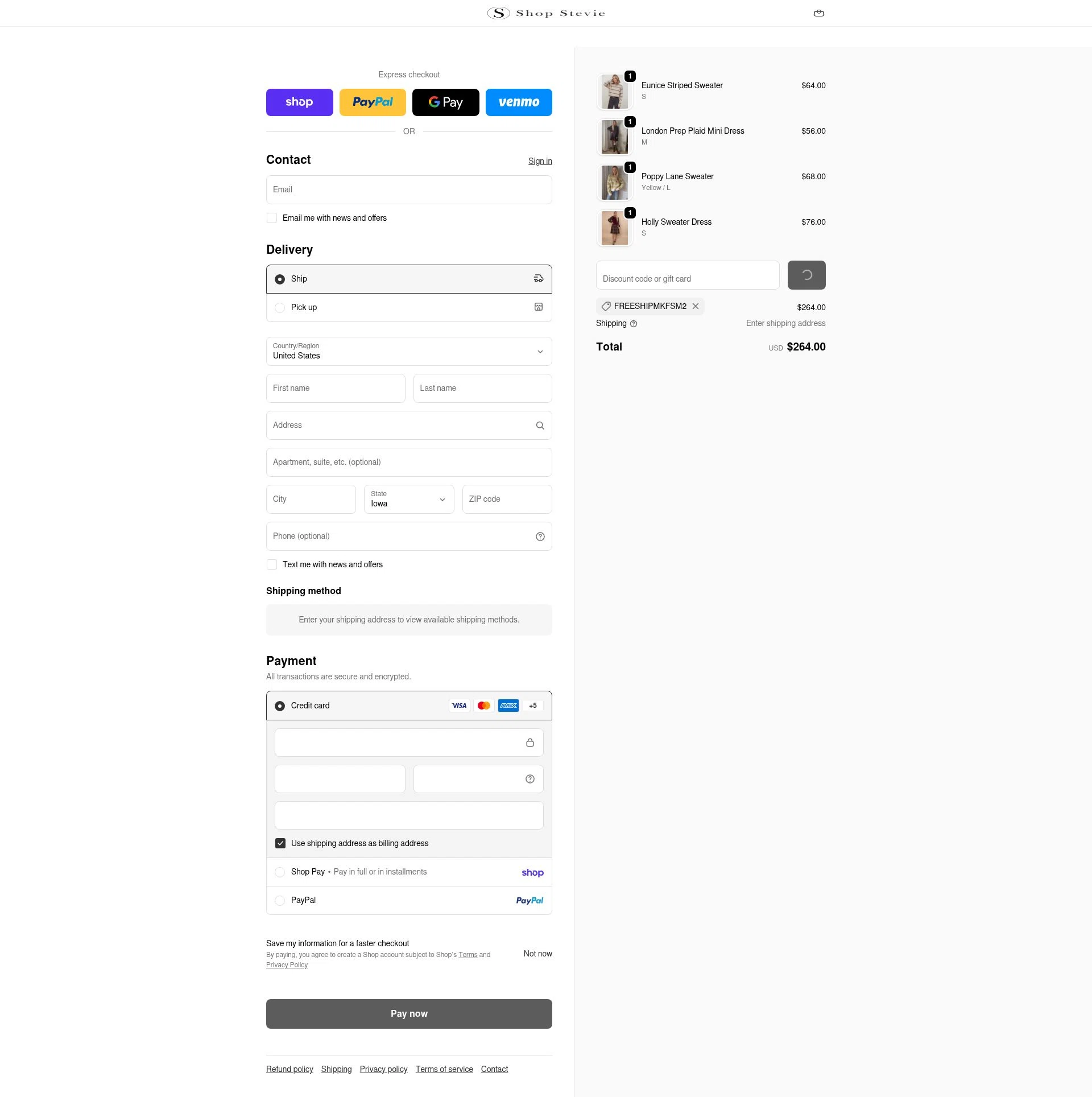 Shop Stevie checkout page showing Shop Stevie discount code box | Screenshot taken by SimplyCodes community member on Feb 16, 2026