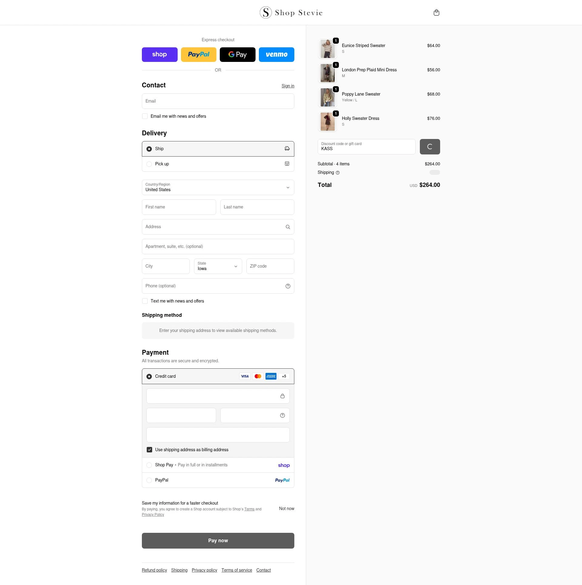 Shop Stevie checkout page showing Shop Stevie discount code box | Screenshot taken by SimplyCodes community member on Feb 16, 2026