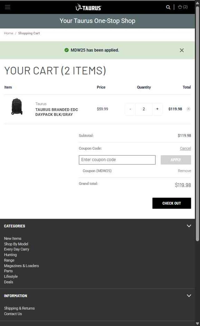 Shop Taurus checkout page showing Shop Taurus coupon code box | Screenshot taken by SimplyCodes community member on Jun 8, 2025