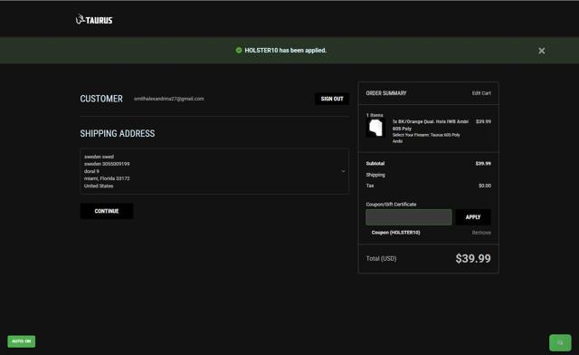 Shop Taurus checkout page showing Shop Taurus coupon code box | Screenshot taken by SimplyCodes community member on Aug 27, 2025